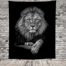 흑백 애니멀 태피스트리 패브릭포스터, 사자앞모습