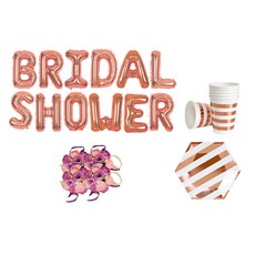 브라이덜샤워 소품 패키지 BRIDAL SHOWER 풍선 로즈+ 꽃팔찌 미니로즈 퍼플 4p + 테이블웨어 로즈골드, 혼합색상, 1세트
