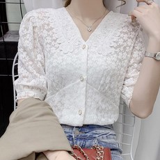 페이퍼먼츠 여자 카라넥 플라워 시스루 단추 퍼프 블라우스 00466