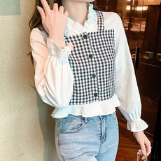 페이퍼먼츠 물결카라 체크 뷔스티에 레이어드 블라우스 01232