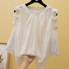  풍깍쟁이 여성용 오프 숄더 쉬폰 플라워 탑 셔츠  상품 이미지