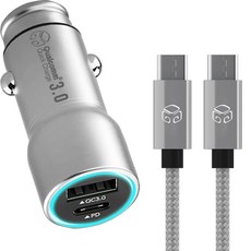 디지지 차량용 USB pd 듀얼 고속충전기 시거잭 + C타입-C타입 PD 고속케이블 200cm 세트, DGG-602(시거잭), DG-C570(케이블), 실버(케이블)