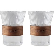 세븐키친 내열유리 우드홀더 노블컵 345ml, 2개, 투명 + 다크브라운