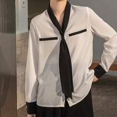 페이퍼먼츠 브이넥 배색 타이 긴팔 블라우스 03847