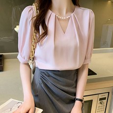 비비에모 우아한 라운드 진주넥 셔링 반소매 블라우스 03185