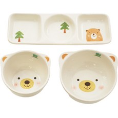Moine天然兒童餐具 3件組, 熊, 飯碗+湯碗+三格盤