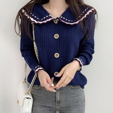 샐리 여성용 빅카라 물결 배색 니트 가디건 I4C-CCA048