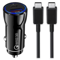 언박싱 베네치아 차량용 PD+USB 듀얼 2포트 급속 고속 퀄컴 3.0 충전기 + C to C 케이블 1m, 블랙
