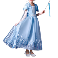 女童萬聖節變裝派對造型服裝公主服, 冰雪艾莎七彩短袖, 110cm, 冰雪艾莎七彩