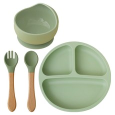 Peripia幼兒用Coco矽膠吸附餐具 4件組, 1組, 吸盤球+吸盤+湯匙+叉子, WarmHub Green