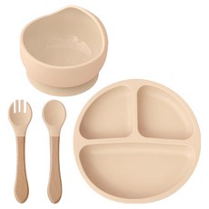 Peripia幼兒用Coco矽膠吸附餐具 4件組, 1組, 吸盤球+吸盤+湯匙+叉子, 柔和米色