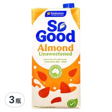 So Good 無糖杏仁奶, 高鈣低脂, 素食者適用, 無乳糖無麩質, 1L, 3瓶