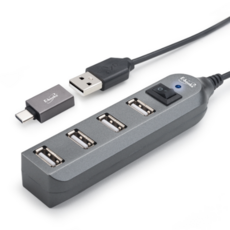 E-books H17 節能開關4孔USB-Hub集線器, 贈Type C轉接頭, 黑色, 1入