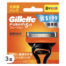 Gillette 吉列 Fusion鋒隱系列 刮鬍刀頭 Set 8, 5層彈性感應刀, 含潤滑成分, 8入, 3盒