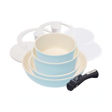IRIS OHYAMA 馬卡龍陶瓷塗層IH不沾鍋具 9件組 CC-SE9N, 平底鍋26cm + 平底鍋20cm + 湯鍋20cm + 湯鍋16cm + 矽膠玻璃鍋蓋20cm + 矽膠玻璃鍋蓋16cm + PE密封蓋20cm + PE密封蓋16cm + 可拆式把手 + 隔熱鍋墊, 湖水藍, 1組