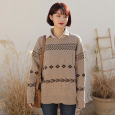 빼빼 여성용 울혼방 인디언패턴 라운드넥 니트