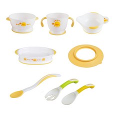 PiYOPiYO 黃色小鴨 一階段學習餐具組 Set, 學習長湯匙+防滑單耳研磨碗, 雙色防滑雙耳碗/杯/餐盤, 餐具用防滑吸盤, 雙耳碗 + 長湯匙 + 叉匙 + 雙耳杯 + 雙耳餐盤 + 餐具用防滑吸盤, 黃色 + 綠色, 1組
