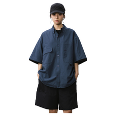 BOHRHOO Bubble Grid Functional Short Shirt 泡泡紗 短袖襯衫 灰色 L 寬鬆, 灰藍色