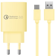 홈플래닛 18W 퀄컴 QC3.0 고속충전기 + 충전케이블 C타입 1.2m 세트, 옐로우, 1세트