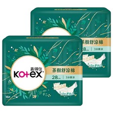 Kotex 靠得住 茶樹舒涼棉 涼感衛生棉 3分微涼, 28cm, 16片, 2包