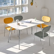 웰퍼니쳐 프시케 포세린 세라믹 식탁 + 의자세트 4인용 방문설치, 화이트 + 실버(식탁) + 그린체크 + 옐로우(의자)