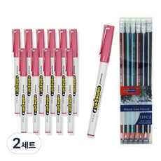 모나미 중간 글씨용 네임펜 F 12p + 스카이글로리 삼각 지우개 연필 12p 세트, 분홍색, 2세트