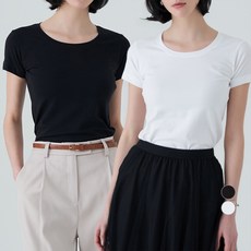 ELLEPARIS 여성용 슬림핏 유넥 반팔 티셔츠 2종 세트