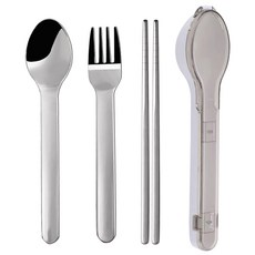 便攜式不鏽鋼餐具組 Set, 304不鏽鋼+ABS外殼，190*45*30mm, 筷子 + 湯匙 + 叉子, 灰色, 1組