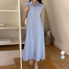 afinar 女款條紋襯衫無袖連身裙, 藍色