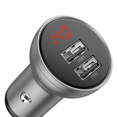 베이스어스 골드 시리즈 듀얼 디스플레이 USB4.8A 차량용 충전기 24W, Baseus Digital Display Dual USB 4.8A Car Charger 24W Silver, 실버 실버, Baseus Digital Display Dual USB 4.8A Car Charger 24W Silver