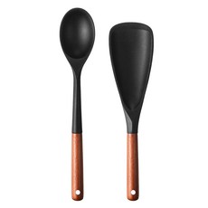 comet 廚房木柄矽膠烹飪工具 2件組, 1組, 黑色, 炒匙+多用勺