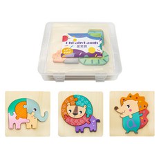 OhBabyLaugh 寶寶3D立體卡扣拼圖3件禮盒組, 大象+獅子+刺蝟, 3片, 1組