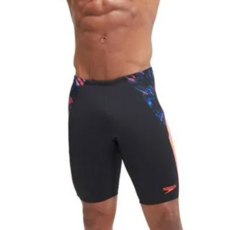 Speedo 男款 運動及膝泳褲 Splice 精火/山橘/藍, US30, 黑色 + 火山橘 + 藍色