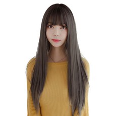 하이유니 풀 뱅 스트레이트 펌 롱 헤어 긴머리 통가발 가발 75cm + 가발망 + 거치대 세트, 브라운블랙, 1세트 - 풀뱅앞머리가발