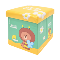 YODA 優的寶貝 LINE FRIENDS 收納箱, PVC皮質, 可折疊收納, 加厚坐墊, 可愛卡通造型, 28.3 x 28.3 x 27.3cm, 蜜蜂熊大, 1個