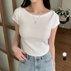 아피나르 여성용 보트넥 골지 립 반팔 티셔츠