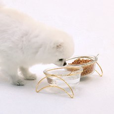 레토 강아지 밥그릇 고양이 물그릇 유리식기 세트, 골드, 1세트