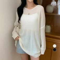 afinar 女款寬鬆V領透視長針織衫