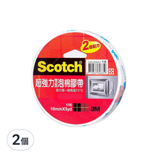 3M Scotch 超強力雙面泡棉膠帶, 凹凸牆面適用, 不易留殘膠, 雙倍黏力, 耐高溫70度, 18mmx3yd, 2個