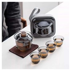 便攜式旅行茶具防燙玻璃泡茶壺 杯組, 高硼硅玻璃手工吹製, 1組, 茶壺(11 x 10 x 5cm) + 杯(6 x 5 x 4cm), 透明玻璃