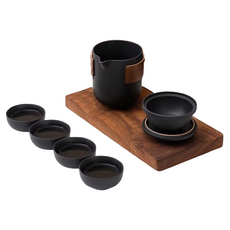 旅行茶具組，桃花木紋，黑陶，旅行便攜, 茶壺 + 杯子4入 + 黑色茶濾, 胡桃木紋, 1組