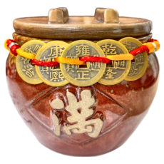 鶯歌陶瓷 小小米甕 聚寶甕, 含五色水晶石500克 招財符 五帝錢 琉璃元寶, 1個
