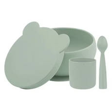 MiNiKOiOi 小美食家碗杯匙3件組, 吸盤碗12 x 6.5cm 300ml + 學習杯6.5 x 7cm 180ml + 湯匙13.2 x 2.7 x 1.6cm, 抹茶綠, 1組