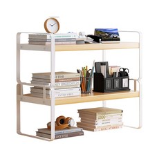 品屋 雙層桌面置物架, 白架 + 原木色, 1個