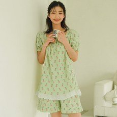 파란 여성용 통기성 스퀘어넥 파인애플 잠옷 세트