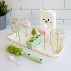Oen Living幼兒用攜帶式奶瓶瀝水架+清潔刷組, 便攜盒+支架6p+奶瓶清潔刷+奶嘴清潔刷+吸管刷+清潔劑收納瓶, 綠色