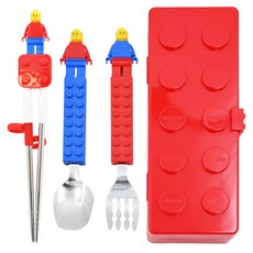 OXFORD Block 造型餐具組, 學習筷, 紅色1入 + 湯匙, 藍色1入 + 叉子, 紅色1入 + 餐具盒, 紅色, 紅色學習筷+藍色湯匙+紅色叉子+紅色餐具盒, 1組