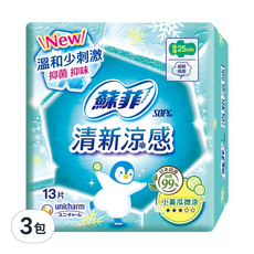 SOFY 蘇菲 清新涼感極薄小黃瓜微涼衛生棉 日用型, 25cm, 13片, 3包