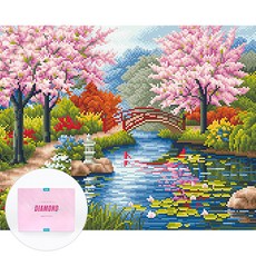 디클레어 액자 캔버스형 보석십자수 DIY 키트 40 x 50 cm, 1세트, 벚꽃과 호수