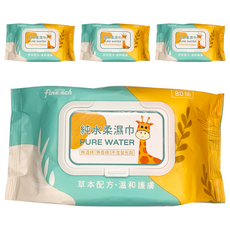 Finetech 釩泰 純水柔濕巾 長頸鹿 80抽 無酒精 無香精 不含螢光劑 成人嬰幼兒適用, 4包